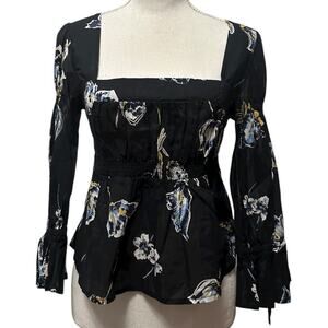 Free People Black Floral Cherish The Light Blouse Women’s XS Peplum Smocked Boho